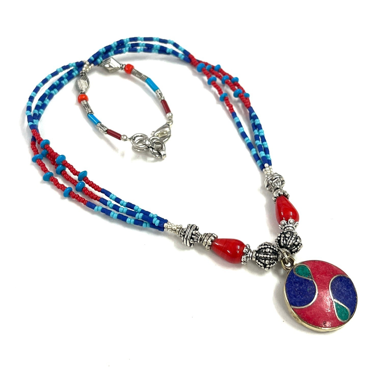 Ethnic Coral Lapis Gemstone Tibetan Art Deco Necklace Jewelry, 17 inch Adjus