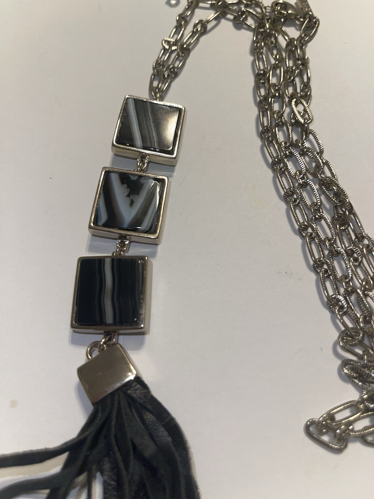 Silver Tone Cable Chain Necklace Agate Square Pendant w/ Tassel Adjustable