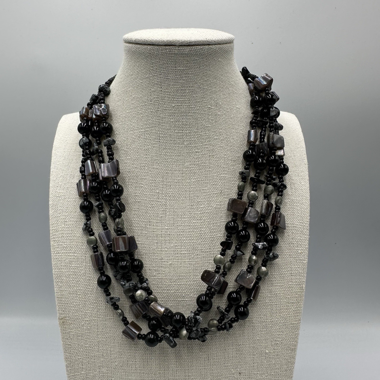 Shell Bead Necklace Multi Strand Black Grey Chunky Layered Jewelry 18 Inch