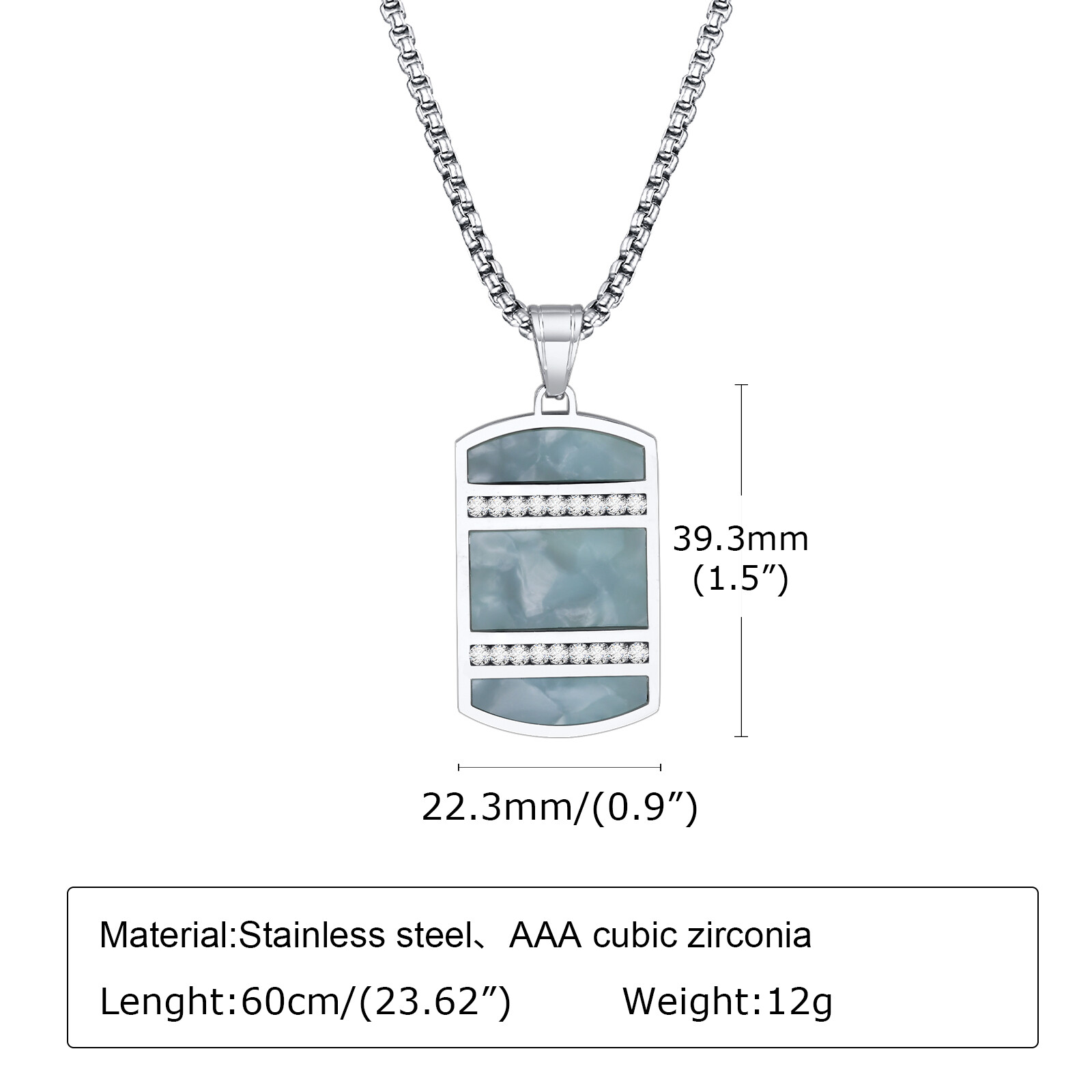 Mens Necklaces Bling CZ Stone Inlay, Chinese Tradition Cyan Stone Square Dog Tag