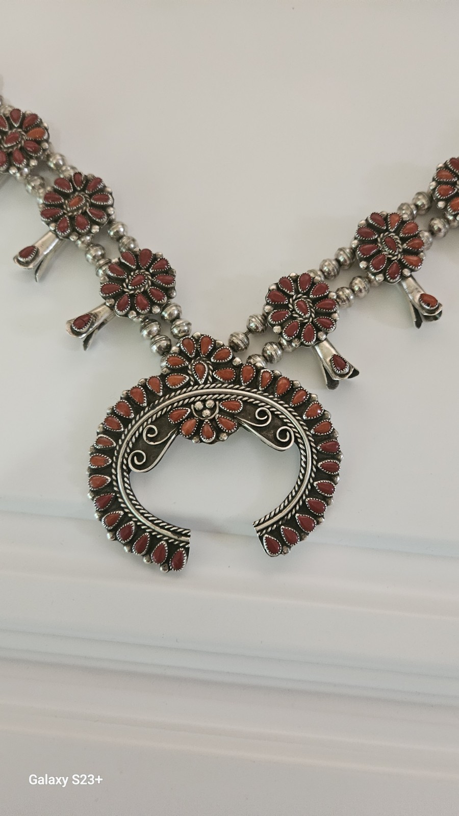 Silver Tone Beaded Necklace Crescent Charm Pendant Red Teardrop Floral Hook