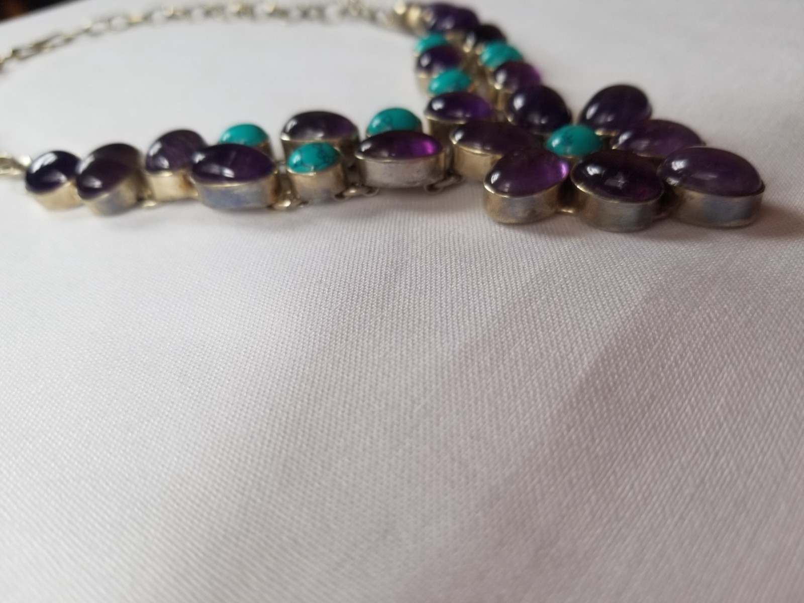 Multi Gemstone Flower Bib Statement Necklace Silver Amethyst Turquoise Handmade