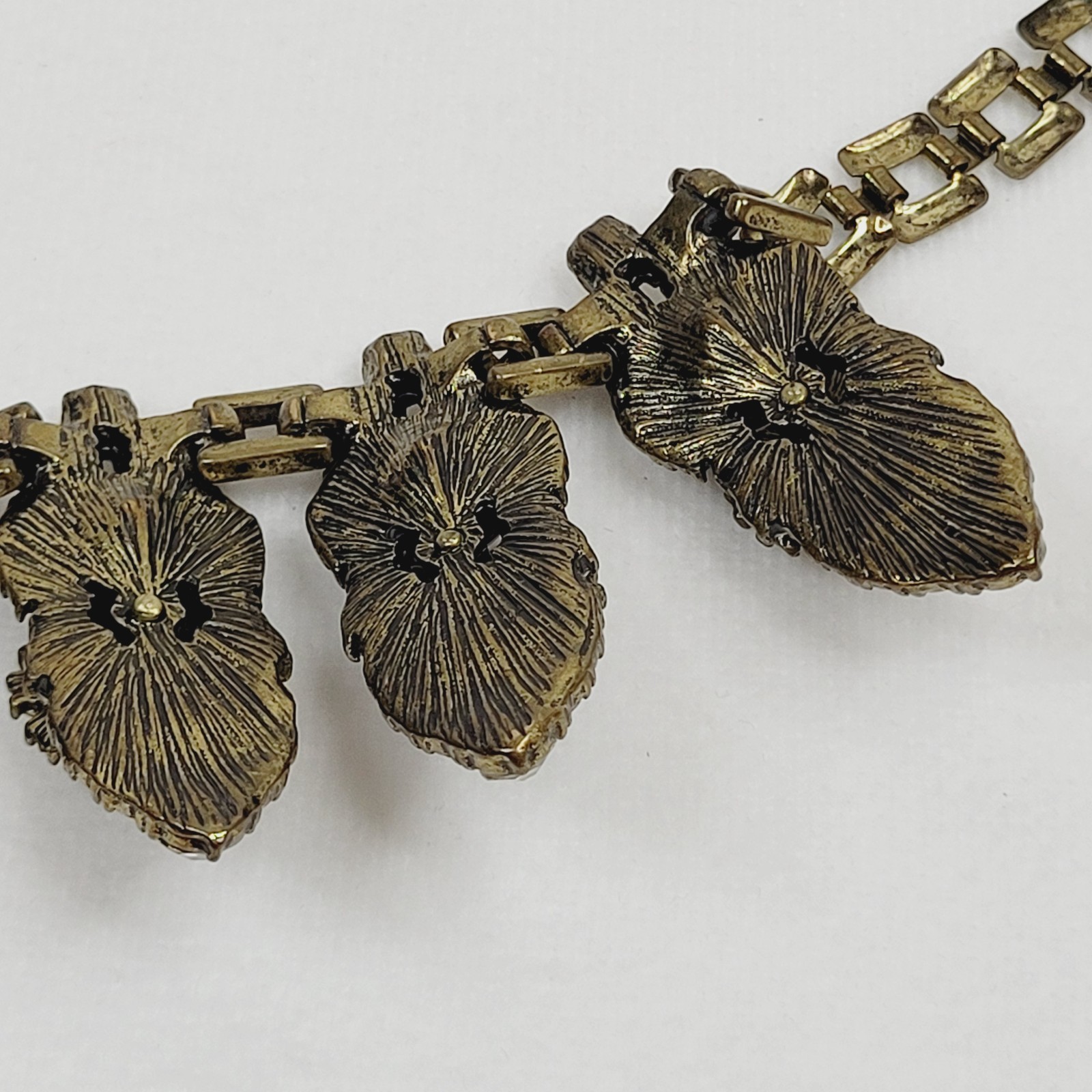 Antiqued Brass Tone Fashion Jewelry Necklace Colorless Rhinestones Statement Art