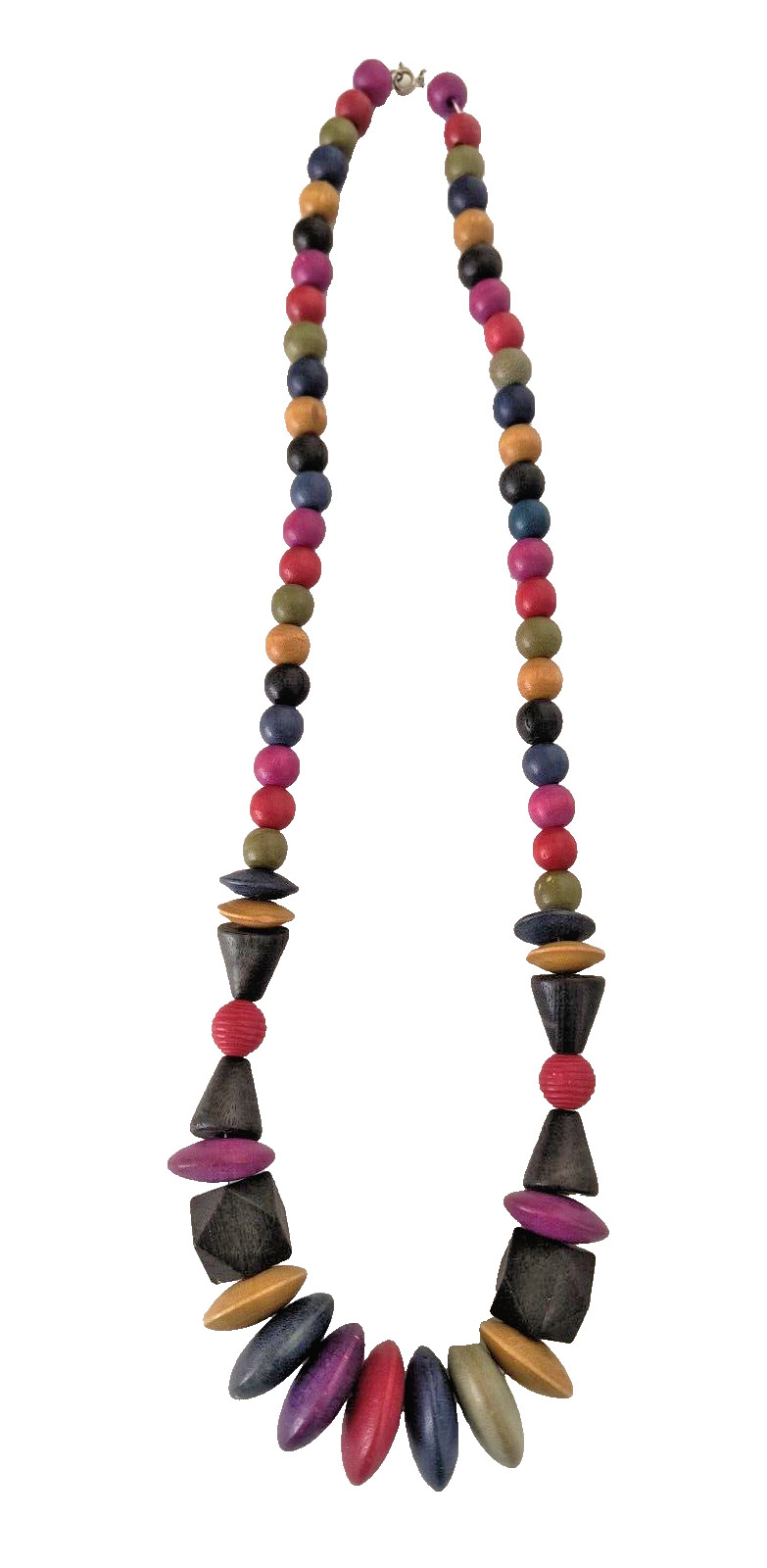 Women’s Statement Necklace Multicolor Wooden Beads Assorted Sizes 15 in drop
