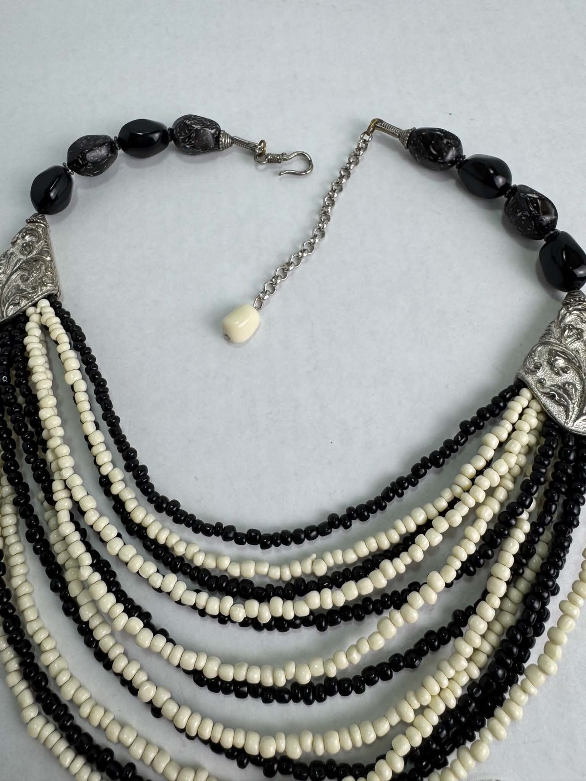 Chic Black White Multi-Strand Beaded Statement Necklace Silver Tone Accents