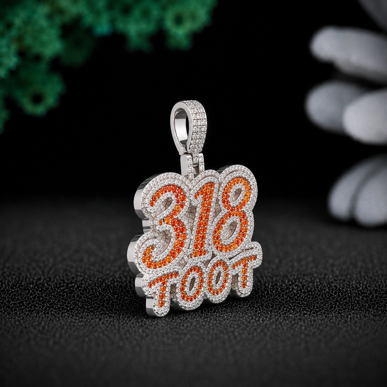 318 Toot Iced Out Pendant 925 Sterling Silver Orange CZ Hip Hop Necklace