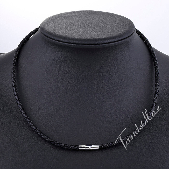 3mm Black Rope Leather Cord Chain Necklace Stainless Steel Magnetic Clasp 16-24“