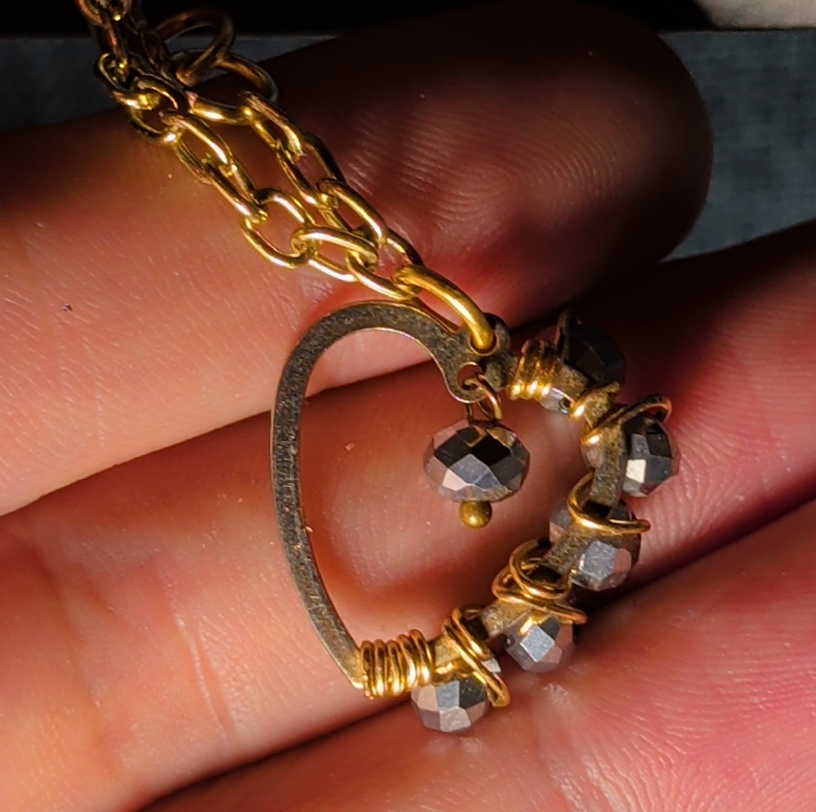 Wire Wrapped Heart Bracelet Gold Tone Hematite Bead Boho