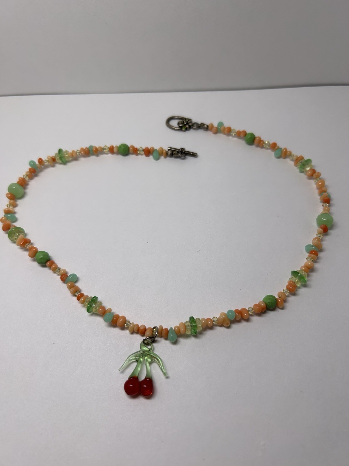 Multicolor Chip Beaded Ball Chain Necklace w/ Cherry Charm Pendant Hook Clasp