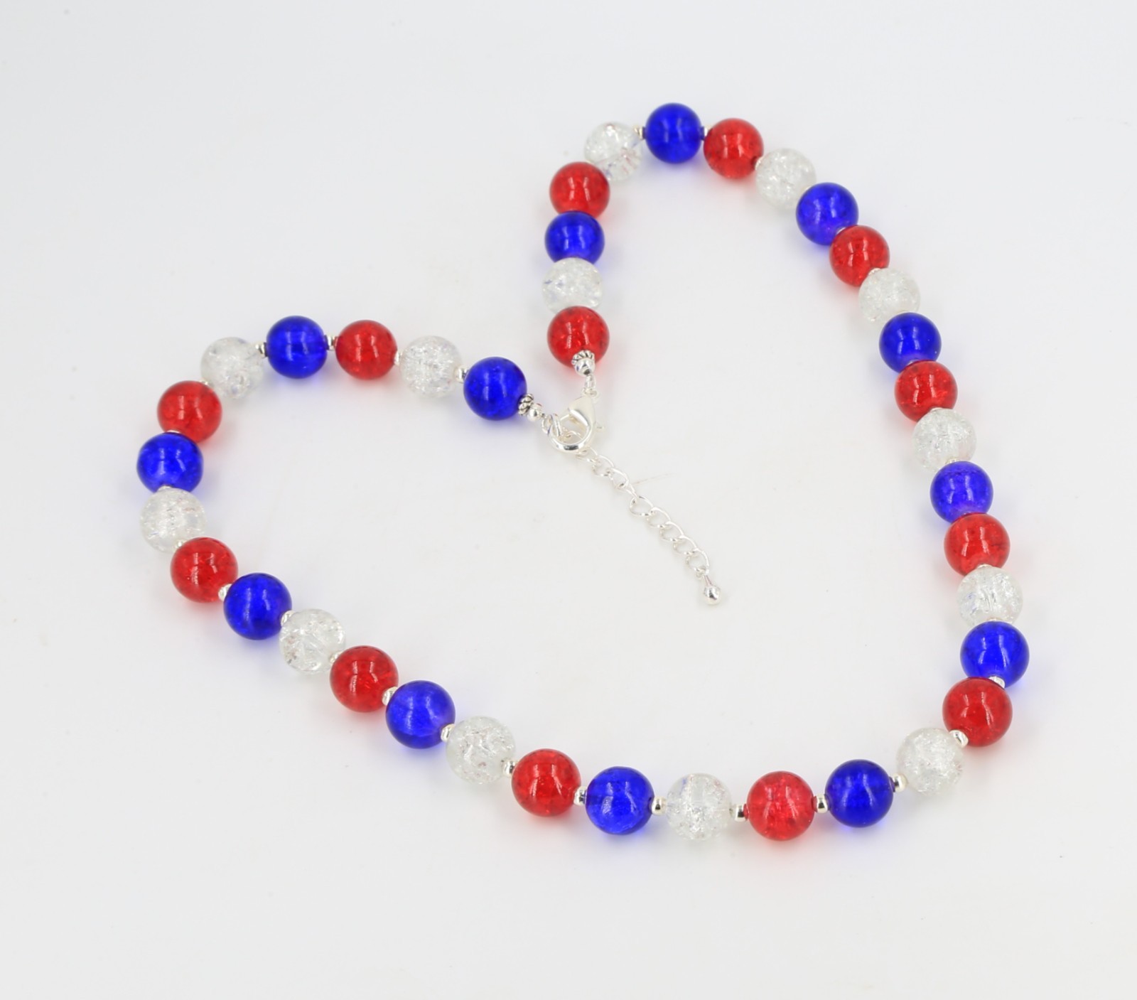 Patriotic red white blue glass crackle bead necklace Great Britain England Royal