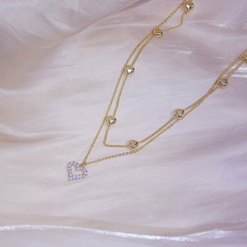Gold Plated Double Layer Necklace Zircon Women Choker Chain Party Heart Pendant