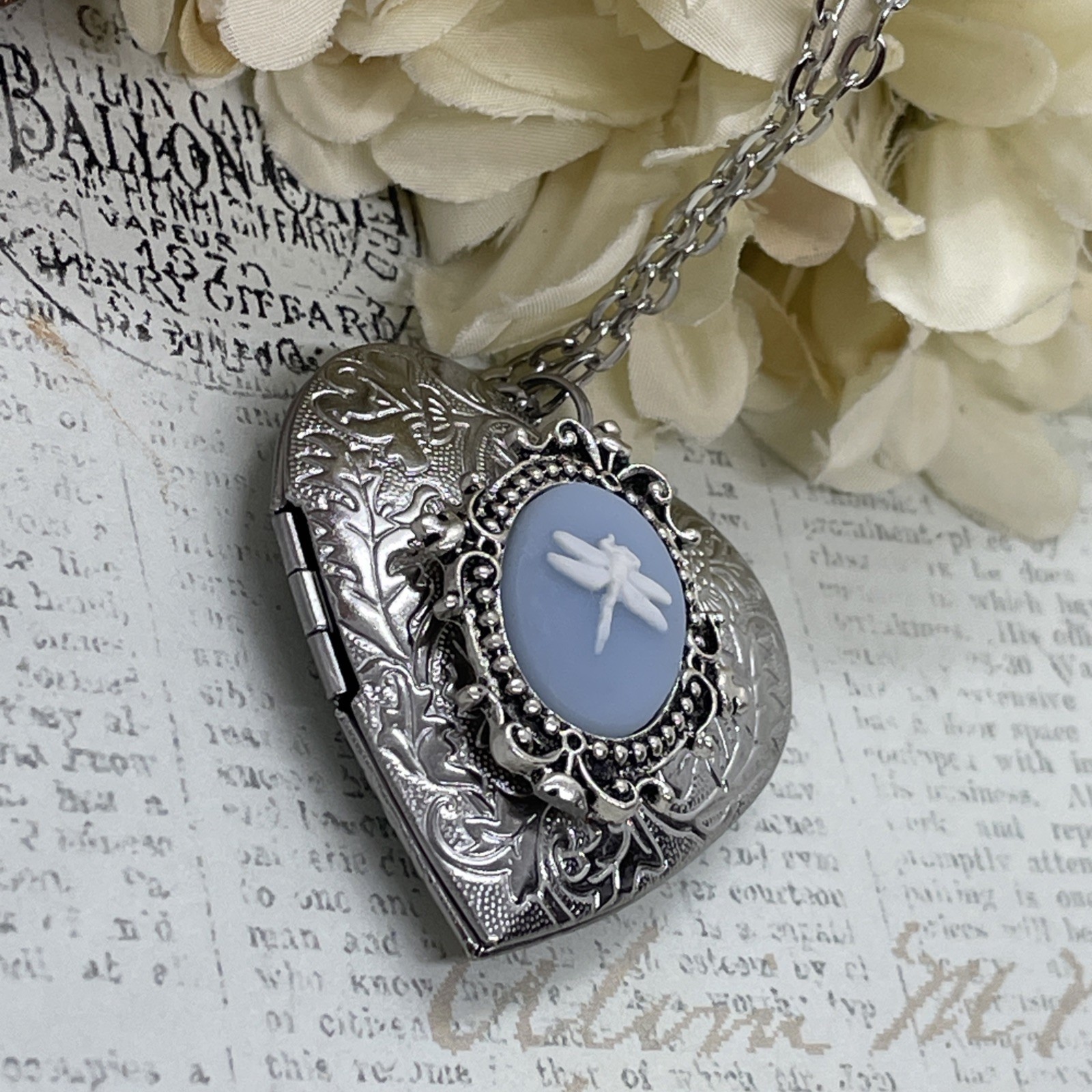 Heart Silver Cameo Blue New Dragonfly Locket Necklace Photo Memorial wedding
