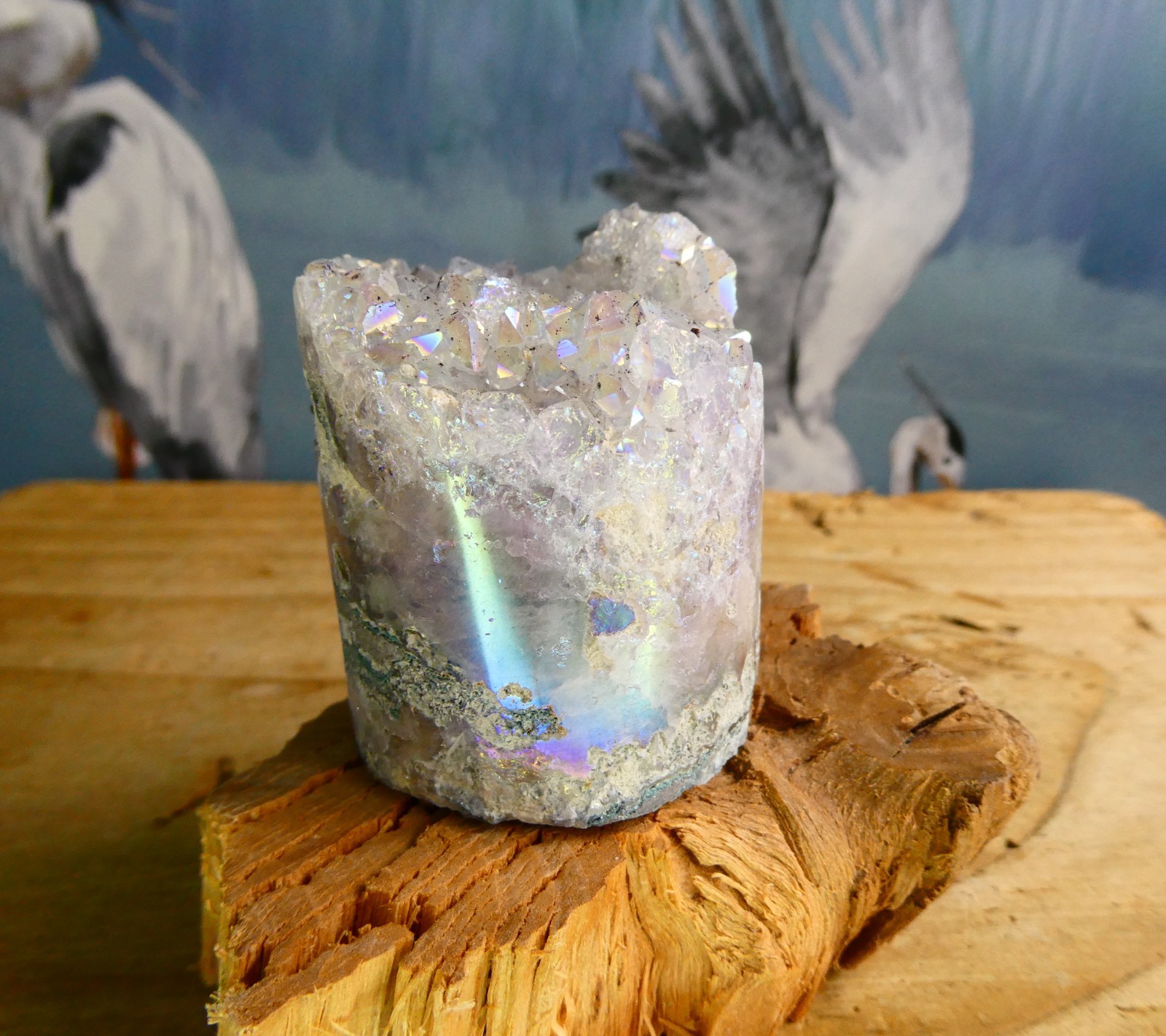 Aura Snowy Ice Amethyst Crystal Round Upright Tower Flat Base 110g 45mm x 36mm