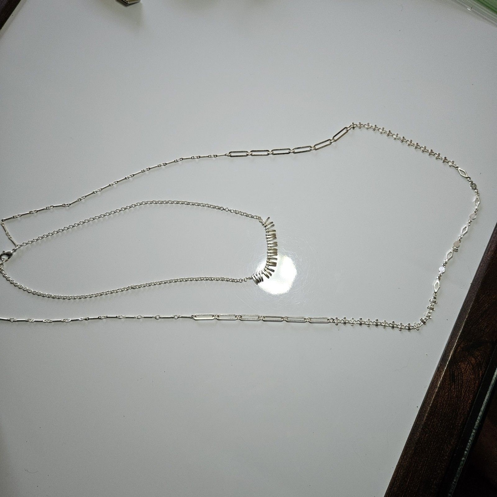 Silver Tone Long Short Layered Necklace 15/32 To 18/35″
