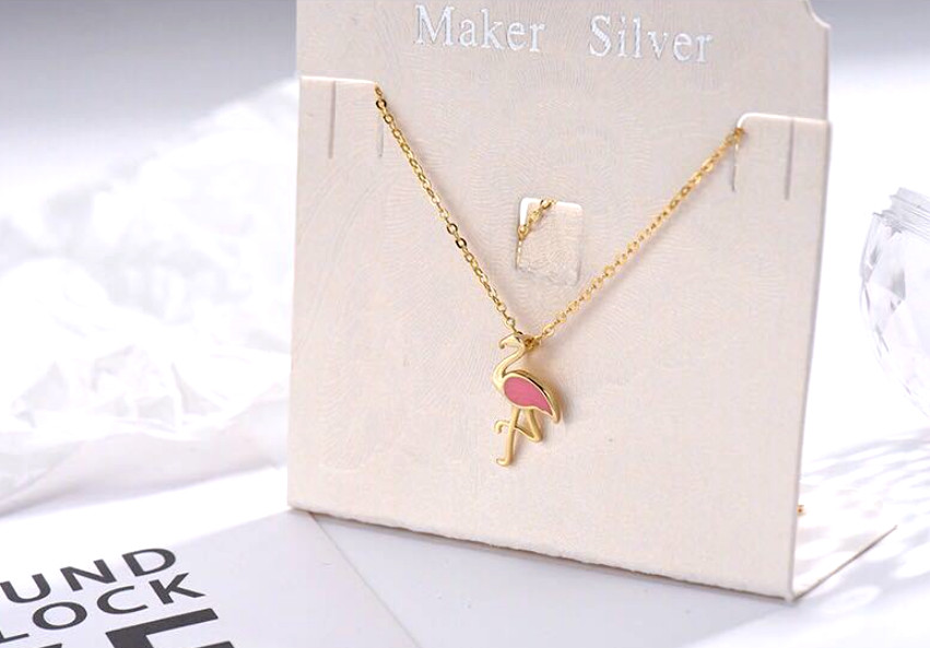 Punk Uniesx Gold Pink Animal Flamingo Titanium S.Steel Pendant Chain Necklace