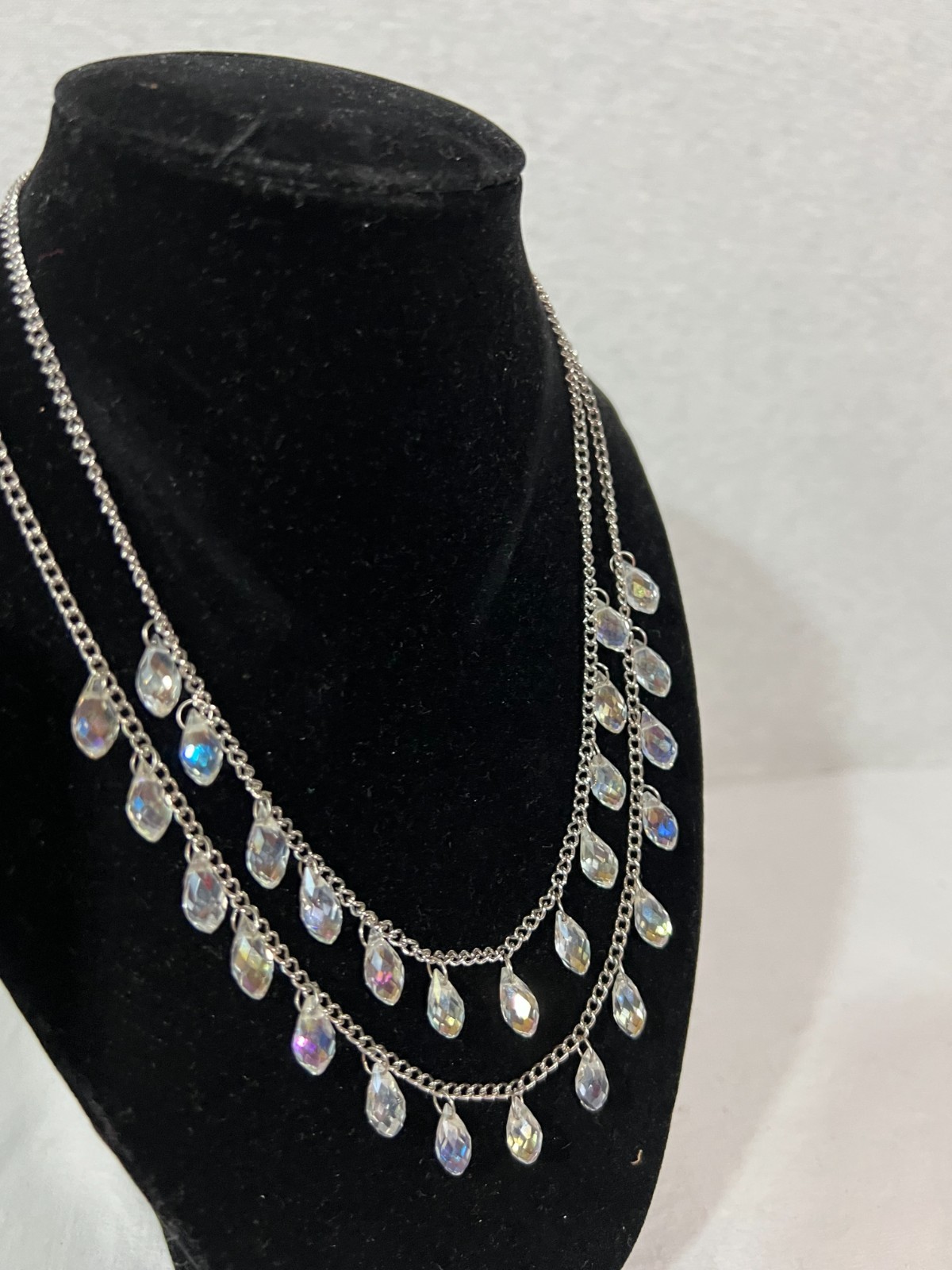Swarovski Neckless Two Tier Colorless Crystal Beads Tear Drop Silver Chain 9″