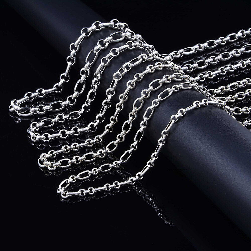 Real 925 Sterling Silver 4mm 5mm 6mm 7mm Rolo With Oval Link Necklace 17.7-33.4″