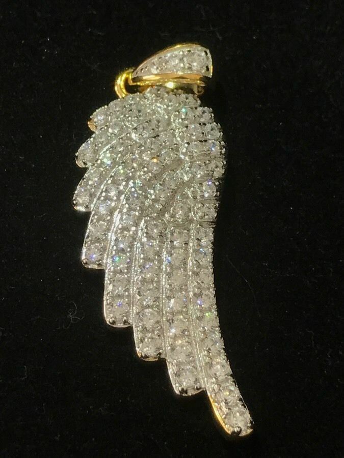 Angel Wing Pendant 14k Gold Plated Genuine Sterling Silver Simulated Diamonds