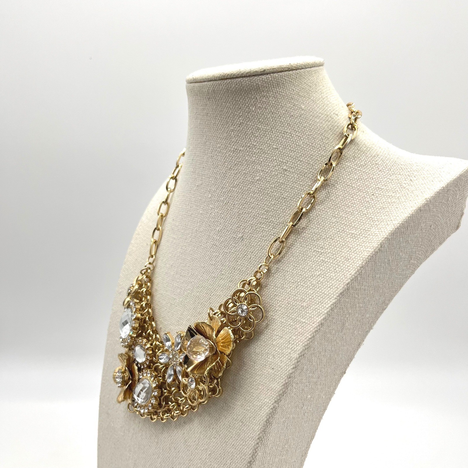 Gold Tone Clutter Statement Necklace Multi Gem Embellished Bib Style Choker