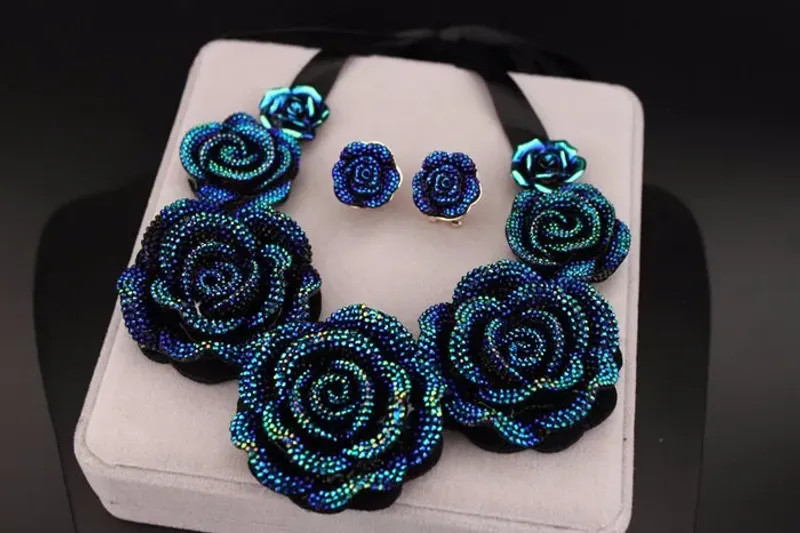 Blue Resin Flower Necklace Earrings Set Women Chunky Statement Jewelry New Gift