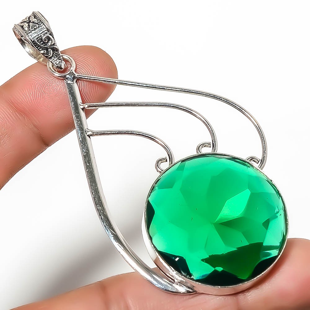 Emerald Quartz (Lab-Created) Gemstone 925 Silver Plated Pendant 3.12″ TP7785-288