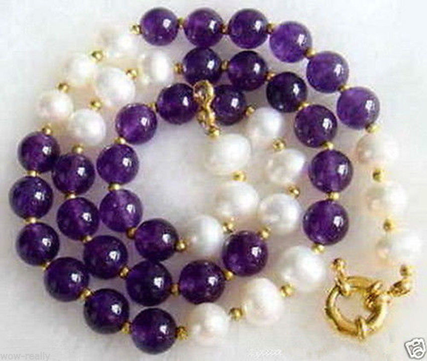 Natural 7-8mm White Freshwater Pearl & 8mm Purple Amethyst Beads Necklace 18”