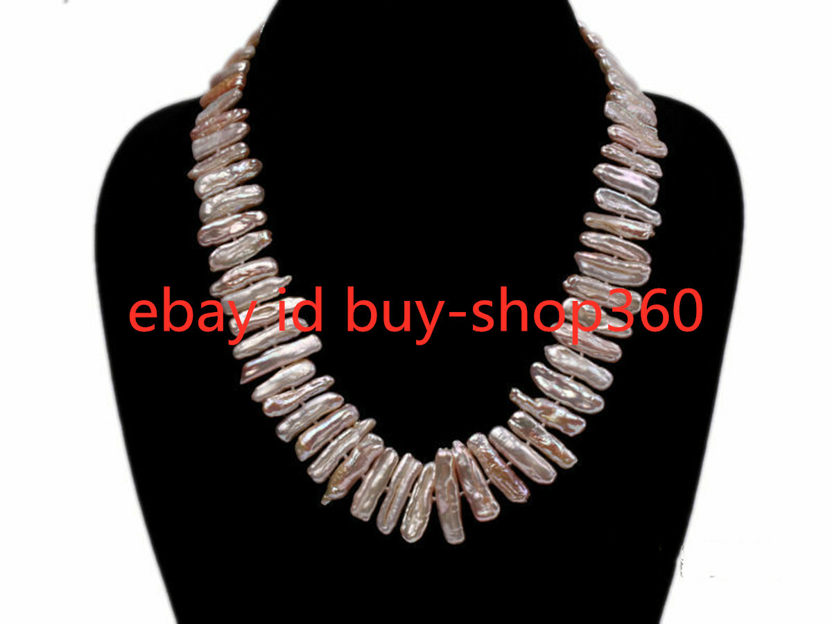 Natural 6x24mm Pink Freshwater Biwa Pearl Necklace Women Bridal Jewelry 18″