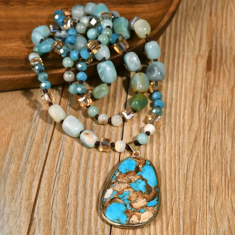 Boho Vintage Amazonite Bead Necklace Pendant Natural Stone Long Chain Women