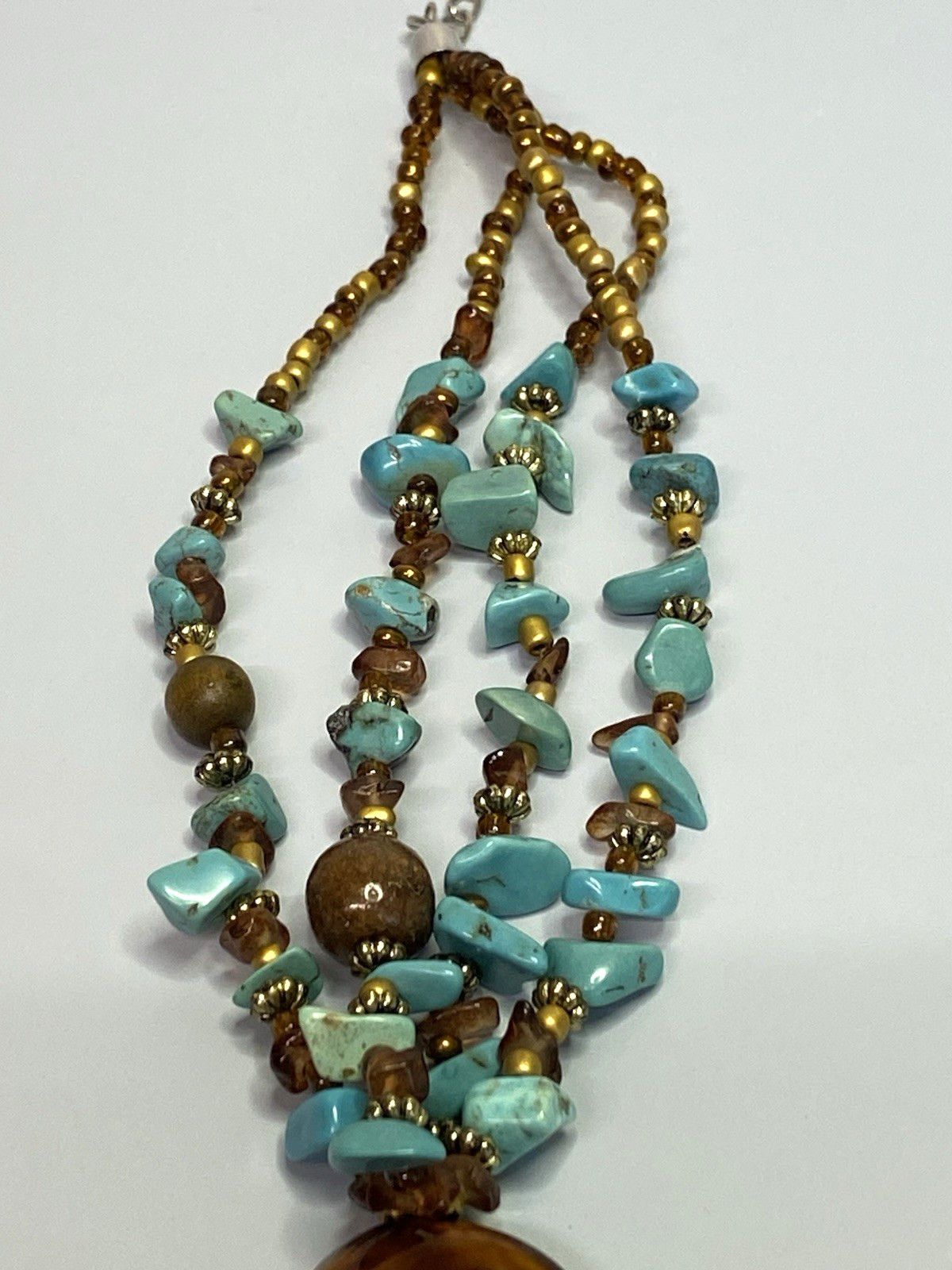 CYNTHIA GALE Turquoise Chip Multi-Strand Choker w/ Tortoise-Look Pendant 16–20in
