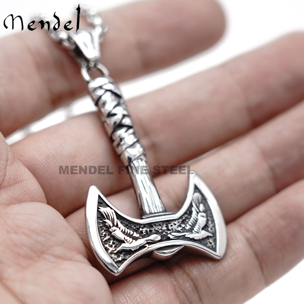 MENDEL Mens Gold Plated Nordic Viking Raven Axe Pendant Necklace Stainless Steel