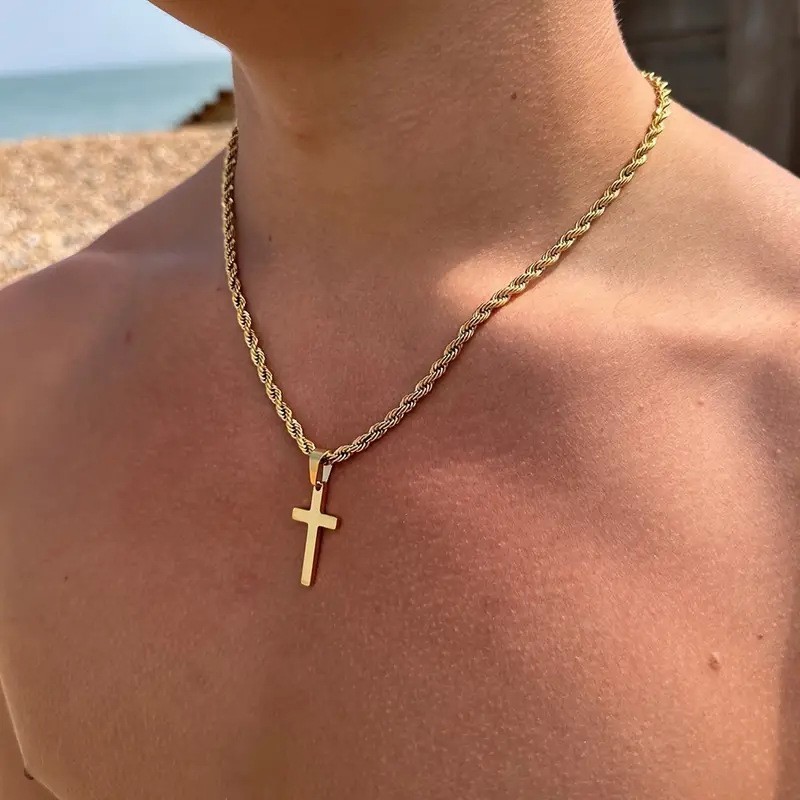 Men’s Cross Pendant Necklace Simple Rope Chain Hip Hop Jewelry Gift