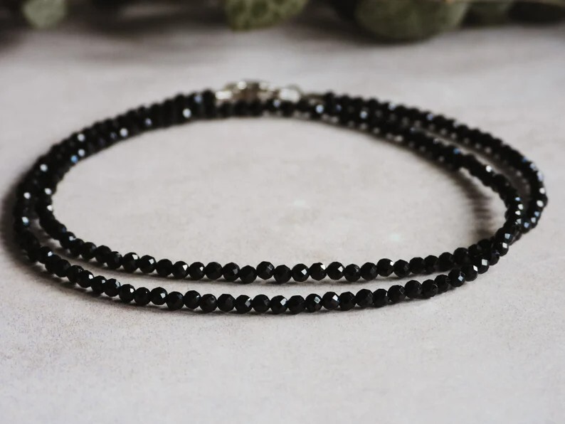 Black Tourmaline 2mm Beaded Choker Healing Minimalist Women Crystal Necklace