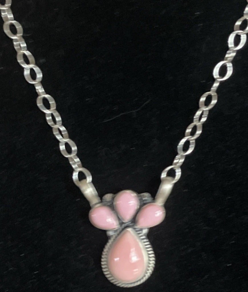 Delicate Pink Conch Triple Stone Pendant w Chain Necklace 18″ MM K8 925 Silver