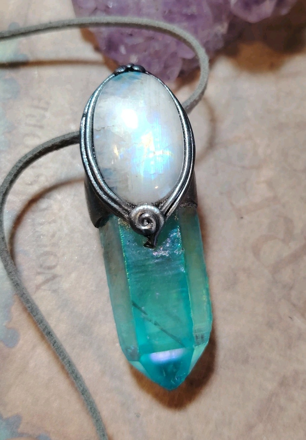 Moonlight. Moonstone Aqua Aura Quartz Crystal Pendant Necklace. Spiritual Gifts