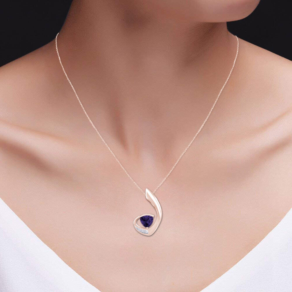 Trillion Cut Simulated Alexandrite Fashion Pendant Necklace 14K Rose Gold Plated