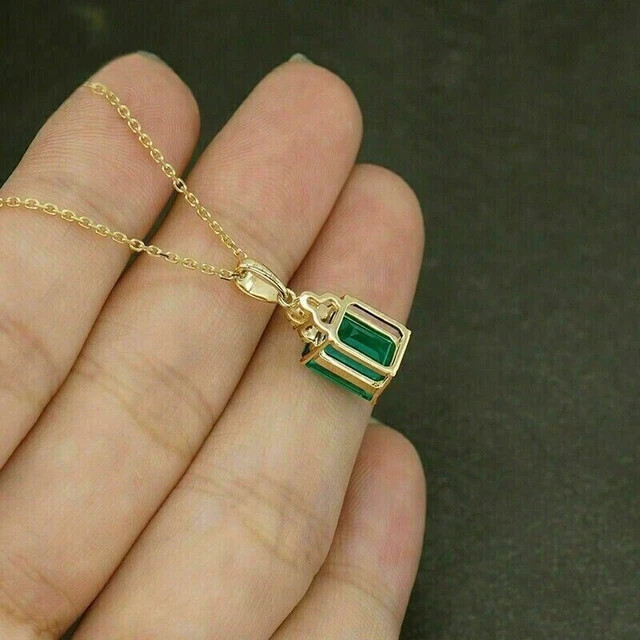 2Ct Emerald Simulated Emerald Diamond Pendant 14k Yellow Gold Plated 18” Chain