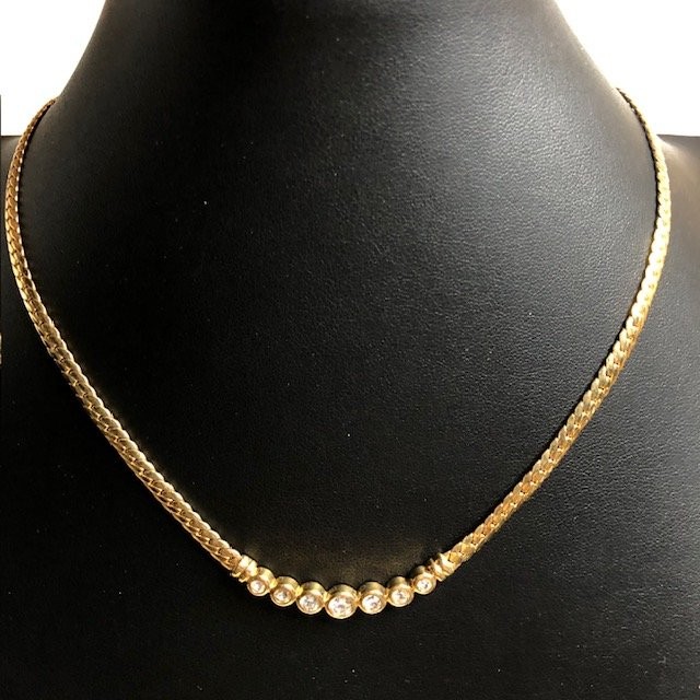 B1073 Amerik Gold plated Herringbone Necklace Germany Bezel CZ 18″