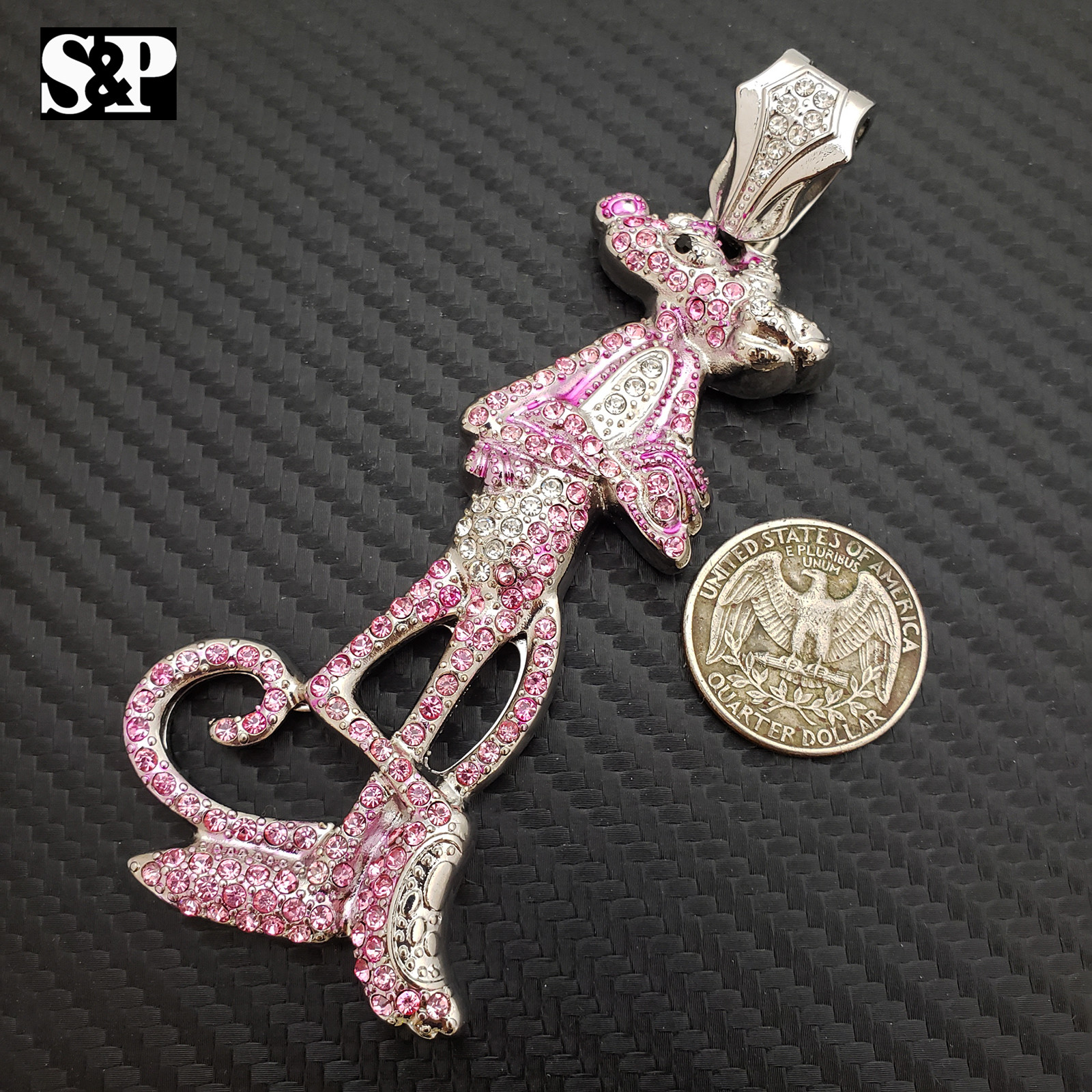 PINK PANTHER HIP HOP ICED WHITE GOLD PLATED CUBIC ZIRCONIA LARGE BLING PENDANT