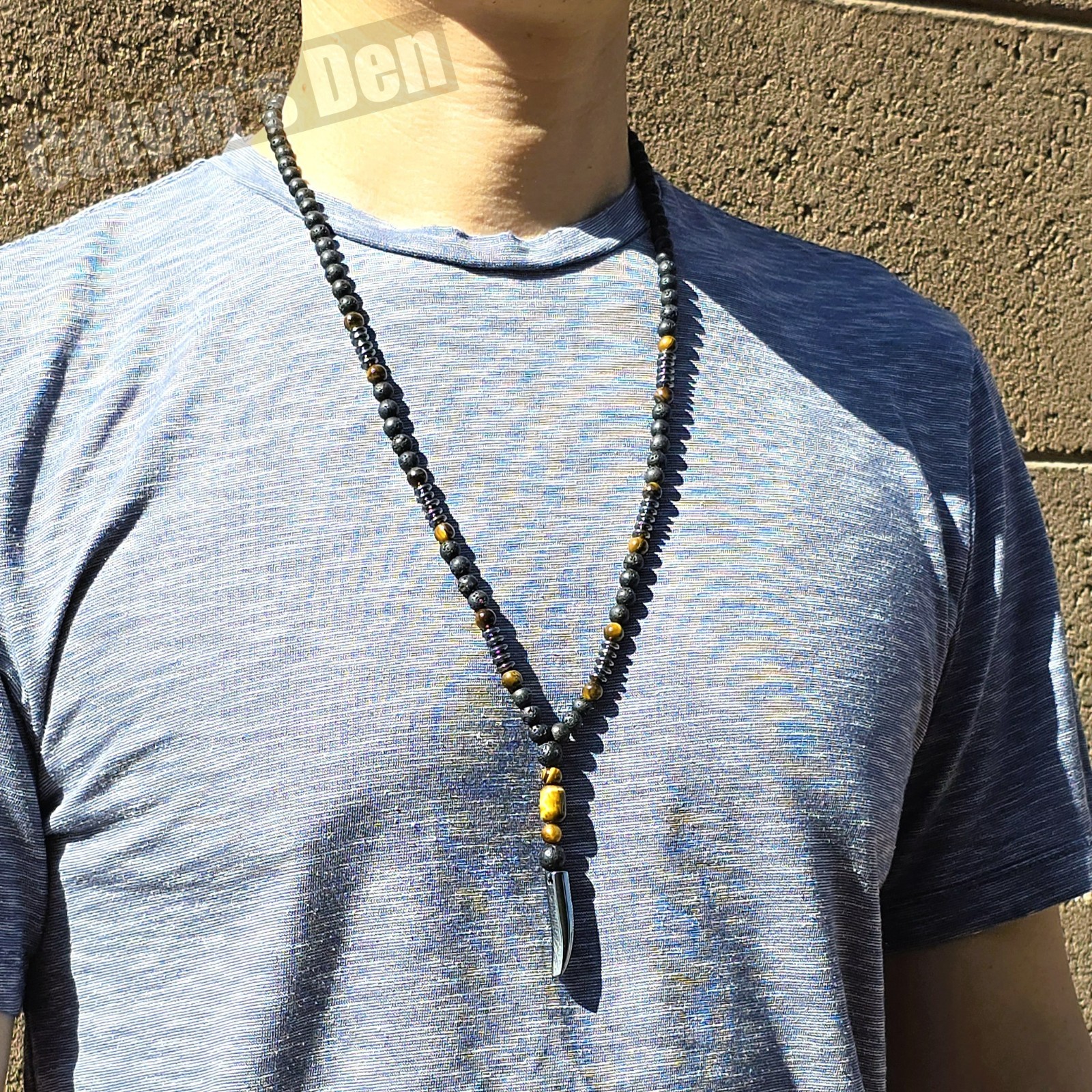 Lava Stone Tiger Eye Black Hematite Tooth Fang Pendant Necklace Men Gift Sleek