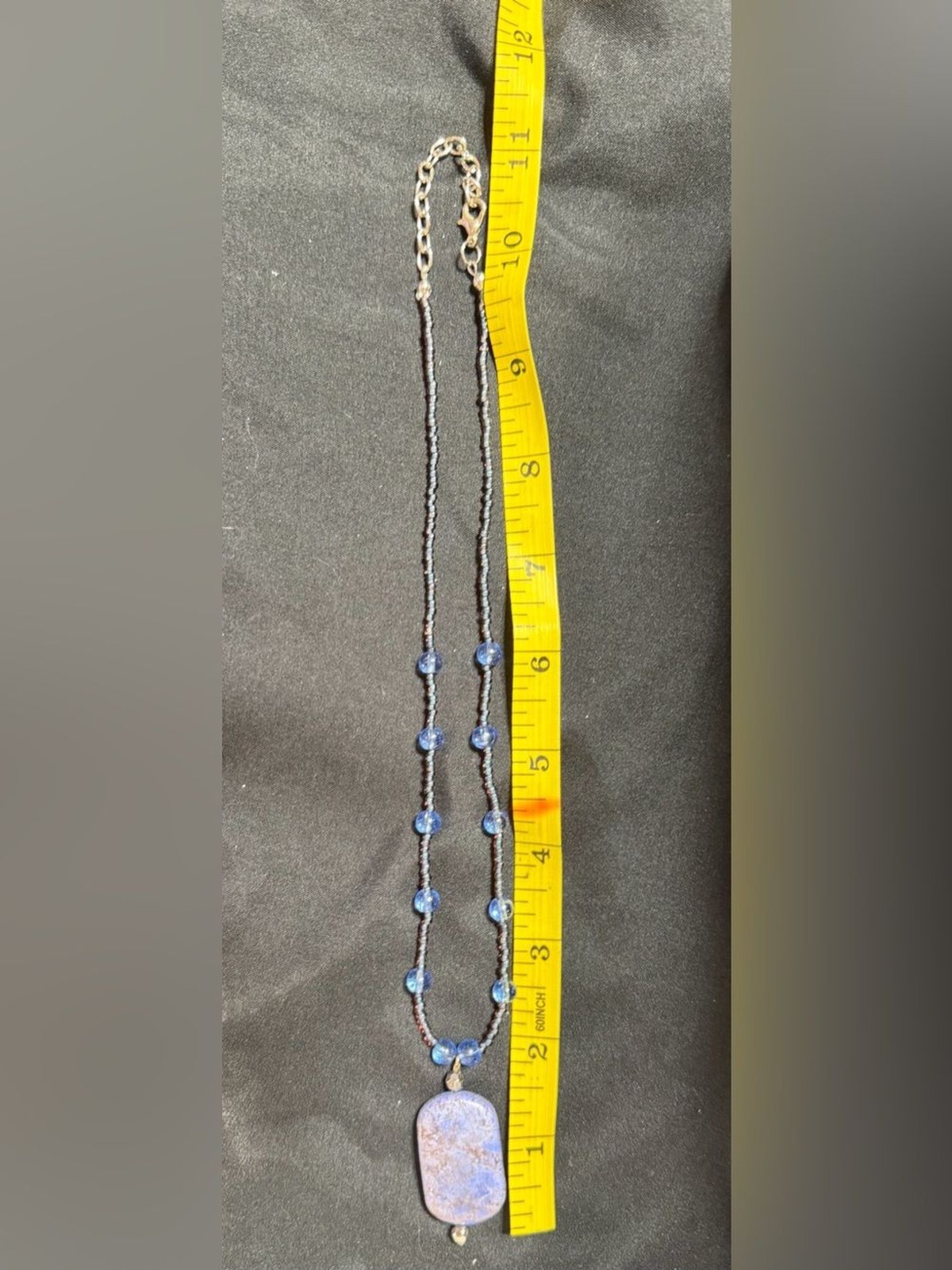 Source Unknown Blue Beaded Pendant Necklace with Marbled Stone