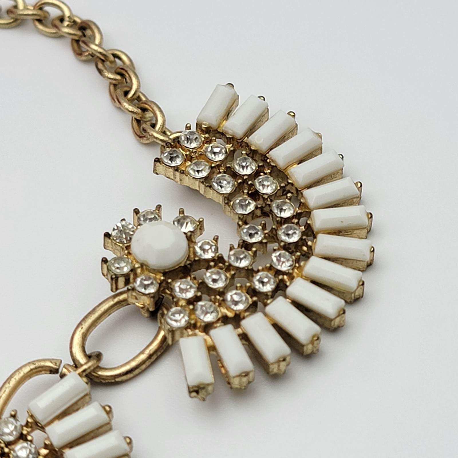 Gold Tone White And Clear Rhinestones Statement Bib Necklace 20″ Adj.