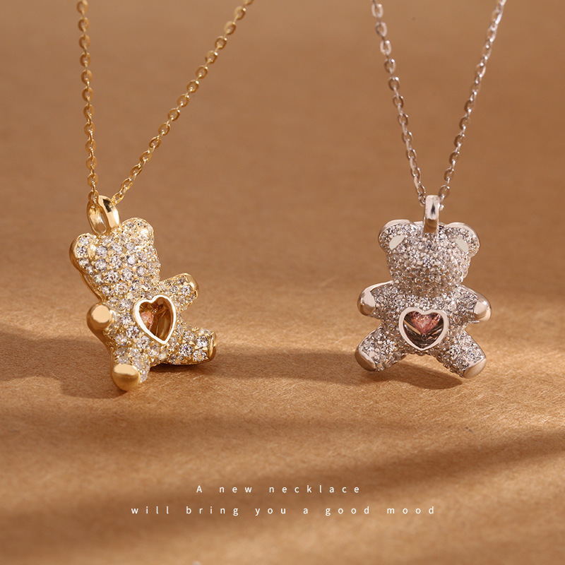 Women’s Fashion Gold Or Silver Teddy Bear Pink Heart Cubic Zircon Necklace 1-264