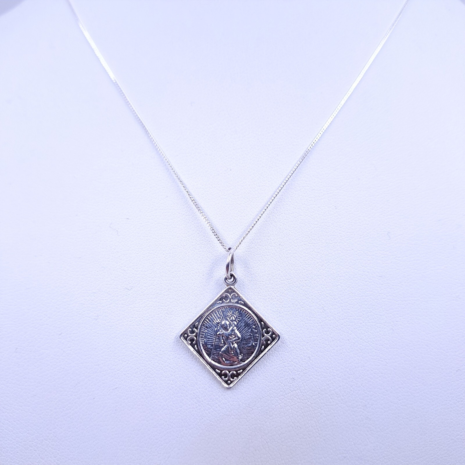 Necklace 925 Sterling Silver St Christopher Pendant Offset Square 40cm 16 inches