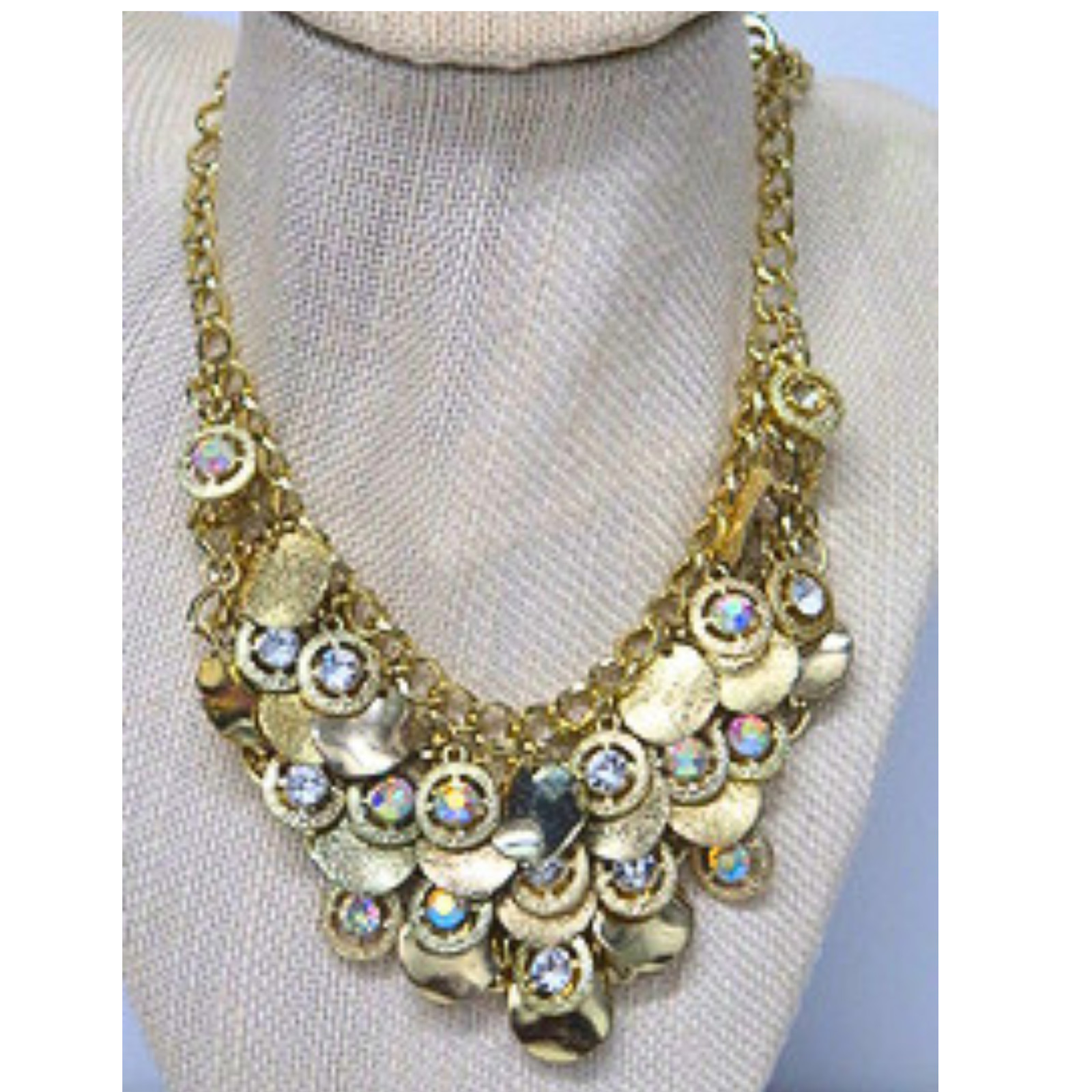 Gold Tone Crystal Coin Statement Bib Necklace AB Rhinestones Adjustable