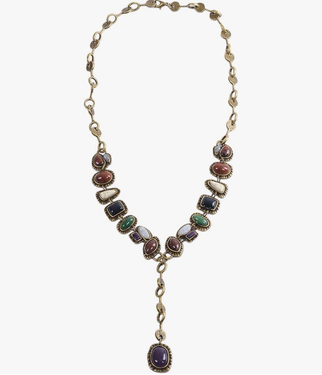 Gold Tone Multicolor Oval Bezel Charm Pendant Y-Drop Cable Necklace, Lobster