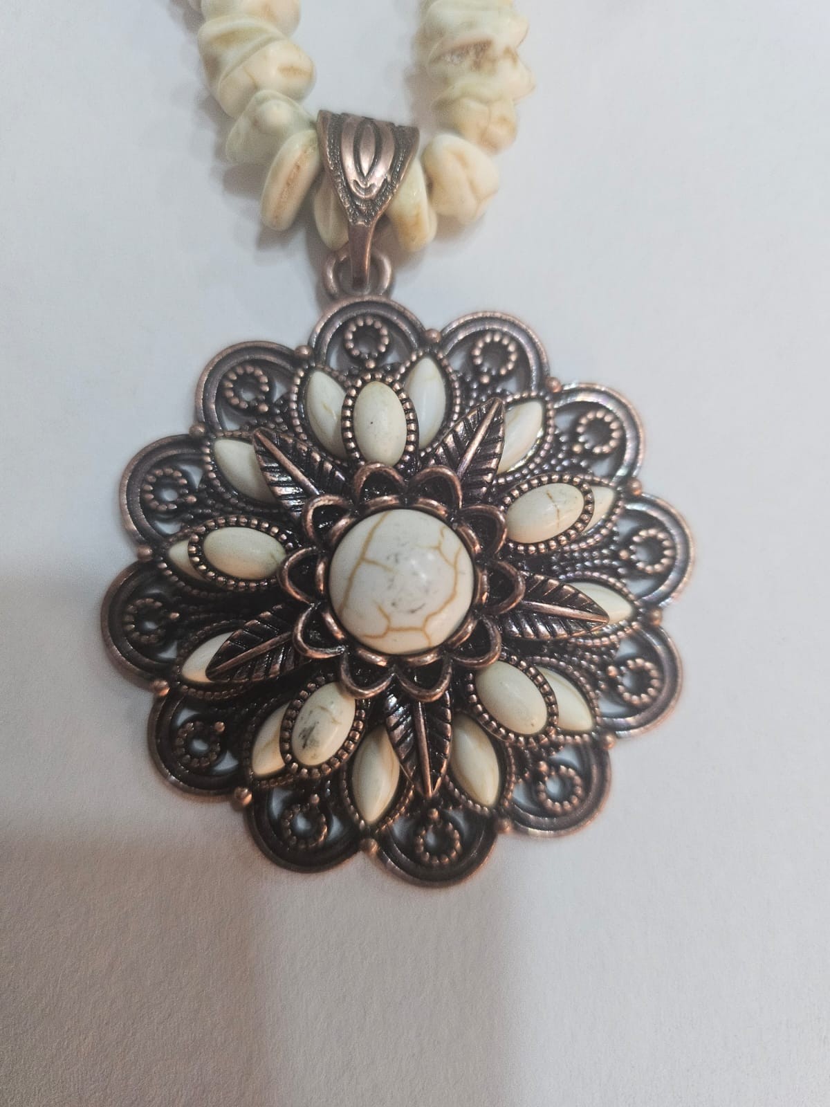 Boho White Stone Beaded Necklace with Vintage Floral Pendant Statement Jewelry