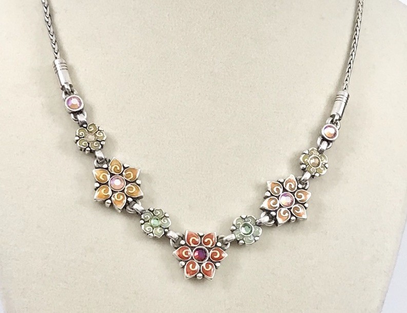 Brighton Garden Of Eden Multi Color Crystal Enamel Silver Flower Necklace. #1160