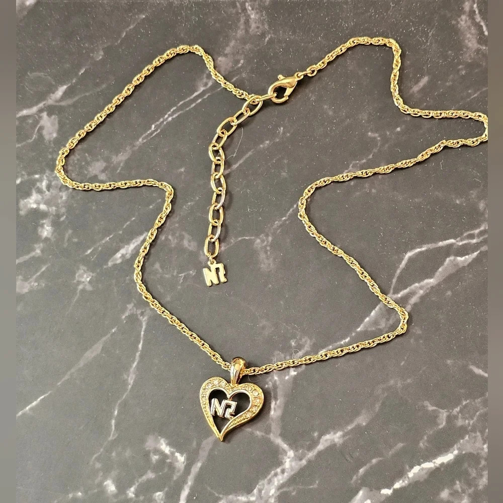 Gold Tone Metal Clear Colorless Stones Heart Pendant Necklace 14.75″ – 16.75″