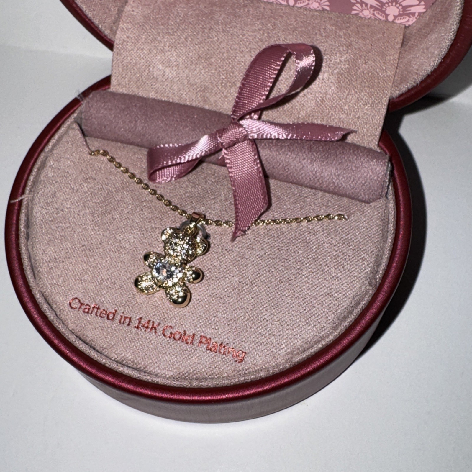City Luxe Demi Fine Teddy Bear 14 Gold Plating Necklace, Cubic Zirconia Heart