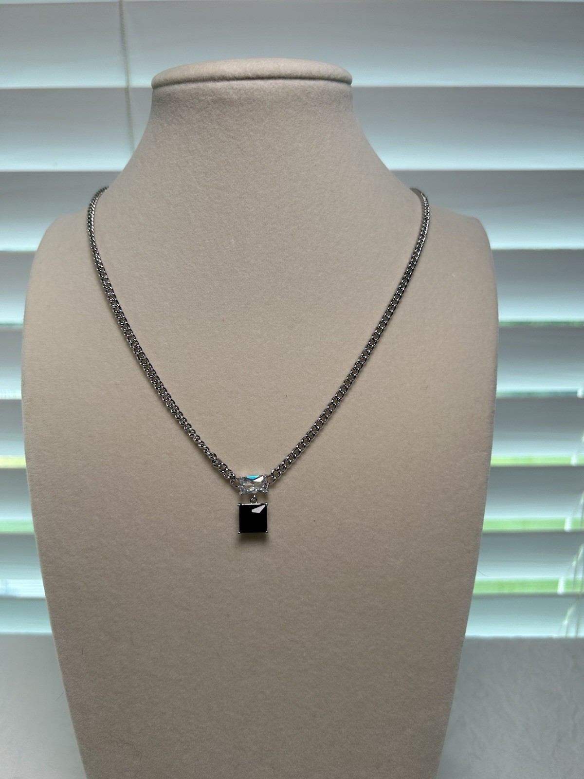 Rhodium Plated Cable Chain Necklace Square Blue LC Clear Crystal Pendant Lobster